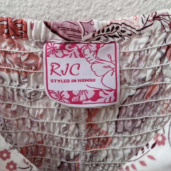 NWOT Hawaiian coral & white floral print smocked rayon dress size Medium - Picture 5 of 6